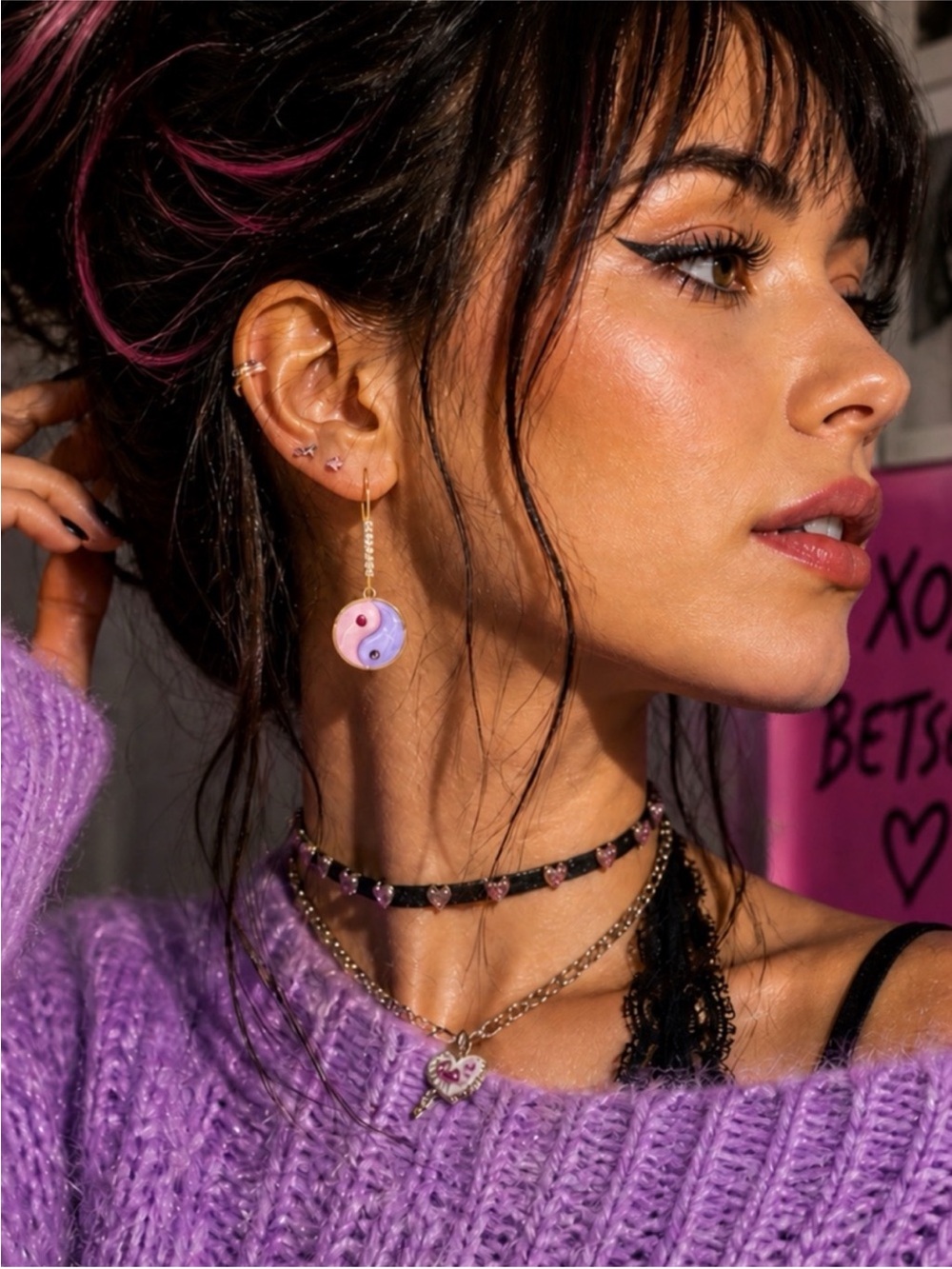 Betsey Johnson Enchanted Yin Yang Drop Earrings Pink Purple NWT - Picture 9 of 14